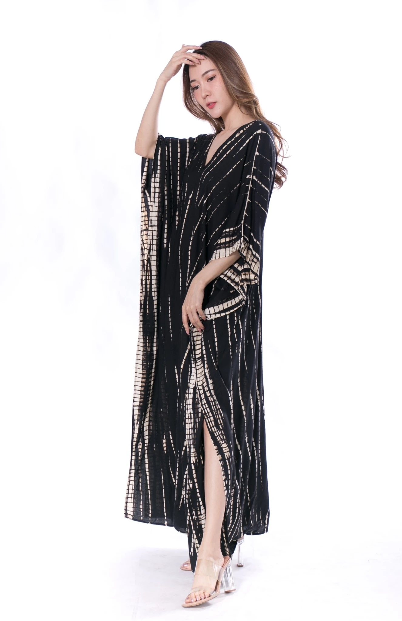 Free Size Printed Pattern Tie Dye Summer Dress Women Casual Stripe Batwing Plus Size Boho Clothing in Black Color