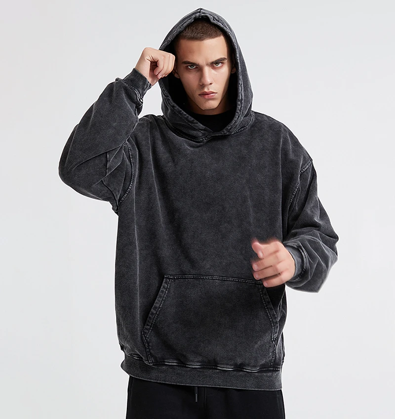 Heavy weight 430gsm French terry black pigment dye hoodies plus size stone wash men hoodie