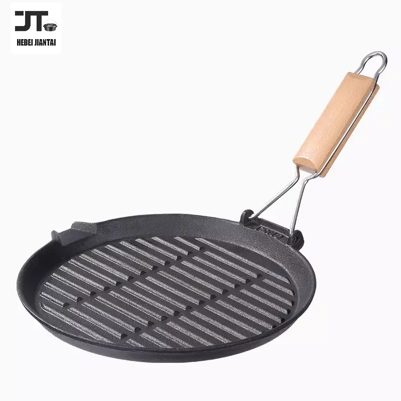 Multipurpose Steak Frying Pan, 28cm Cast Iron Non-Stick Grill, Deep Square Griddle Pan with Folding Wood Handle Cooking Pans