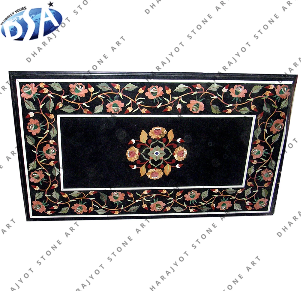 Indian Antique Art Marble Inlay Dining Table Top, Black Marble With Natural Stone Indian Design Table Tops