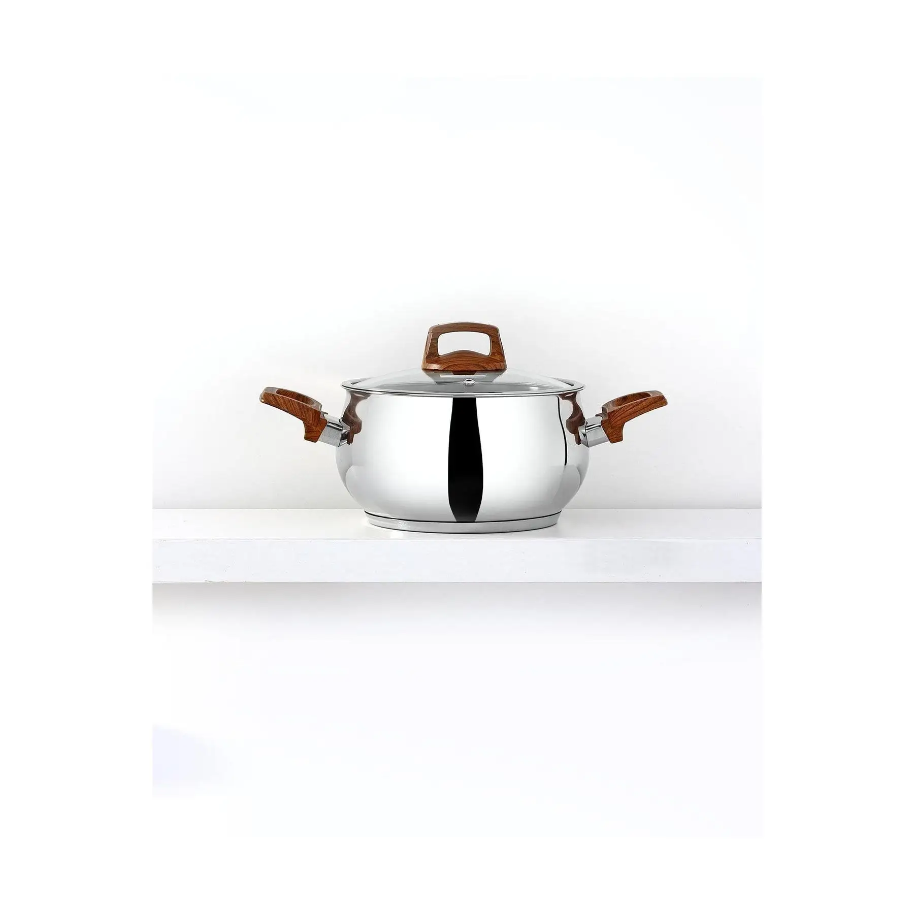 22 cm Wooden Patterned Bakelite Handle Stainless Steel Tulip Deep Soup Pot Stocked Kitchen Essential