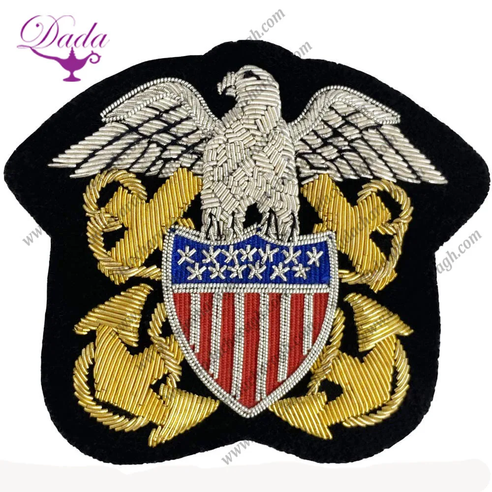 Hand Embroidered USN motif Metal Thread Bullion Wire American Officer Crest, Badge, Shadow Box, Patches, Naval