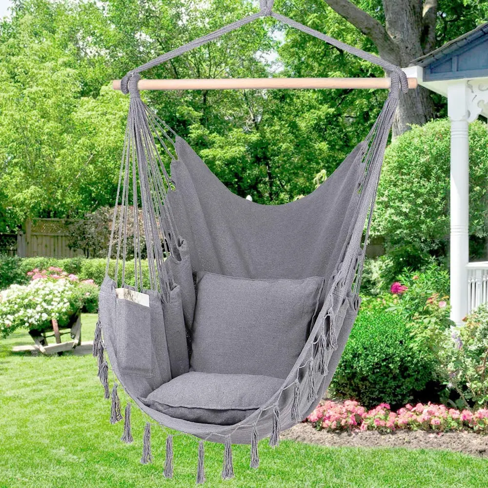 2 Cushions Included-Large Macrame Hanging Chair with Pocket for Superior Comfort