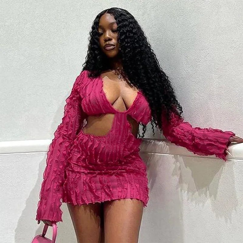 2024 Hot Selling Solid Color Long Sleeve Fashion Mesh Wave Pattern Street Sexy Hip Cover Dress