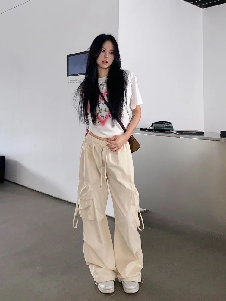 2024 Women korean baggy pants wide leg cargo pants casual solid beige fashion work trousers wholesale pants