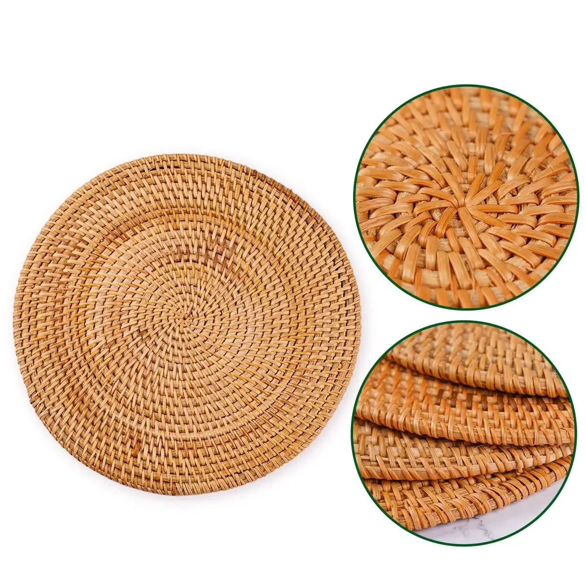 Natural Hand-Woven Placemats Round Woven Table Placemats And Cup Dinner Decoration Rattan Placemat Set Wicker Straw Place Mats