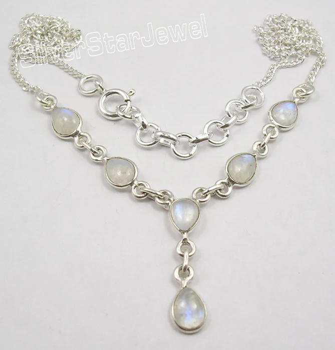 SilverStarJewel 925 Sterling Silver Drop Rainbow Moonstone Beautiful Necklace Indian Jewellers Sterling Silver Necklaces Uk