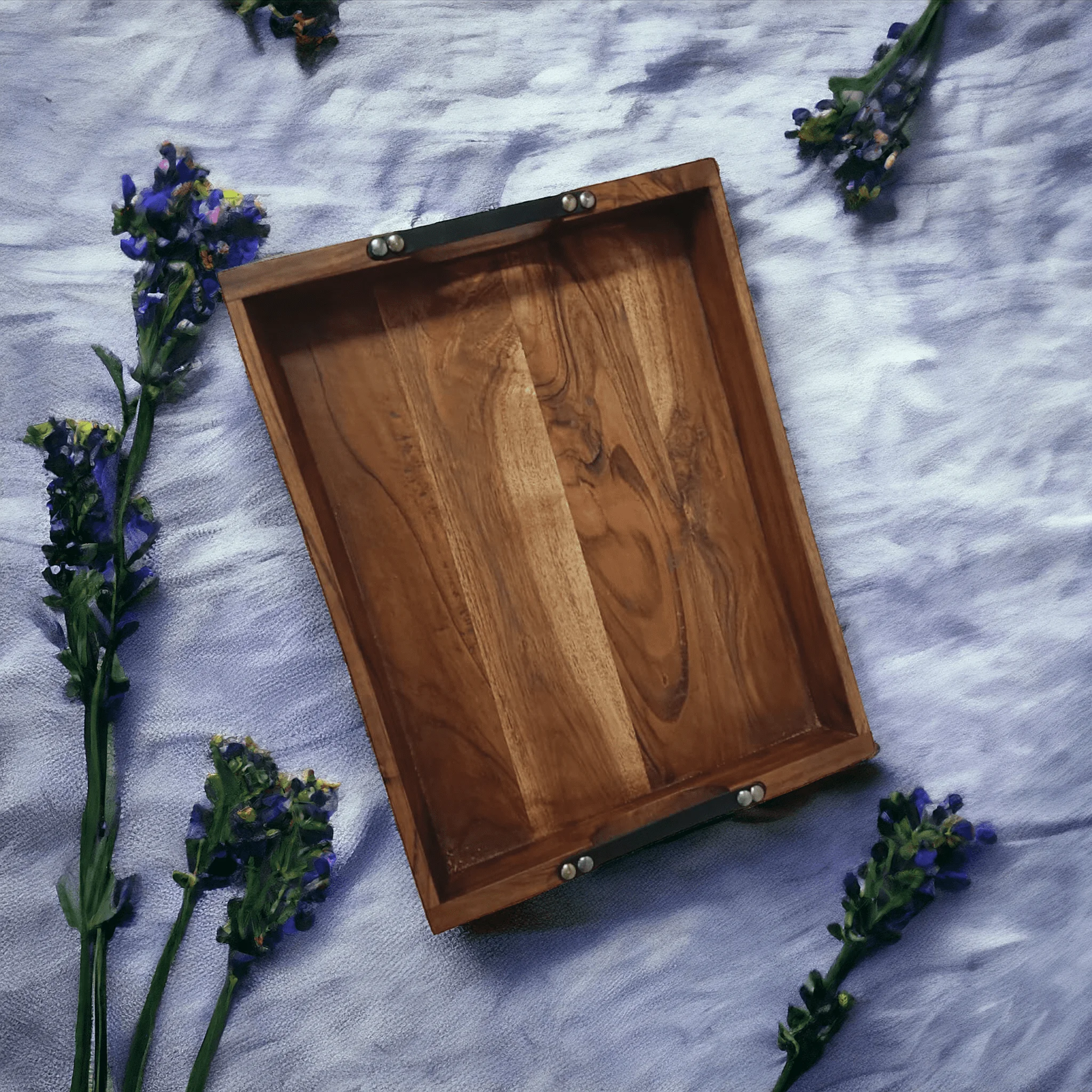 Mineral Oil Stained Acacia wood Serving Tray with Leather handles Hand-Crafted by Indian Artisan for Holiday Christmas & wedding