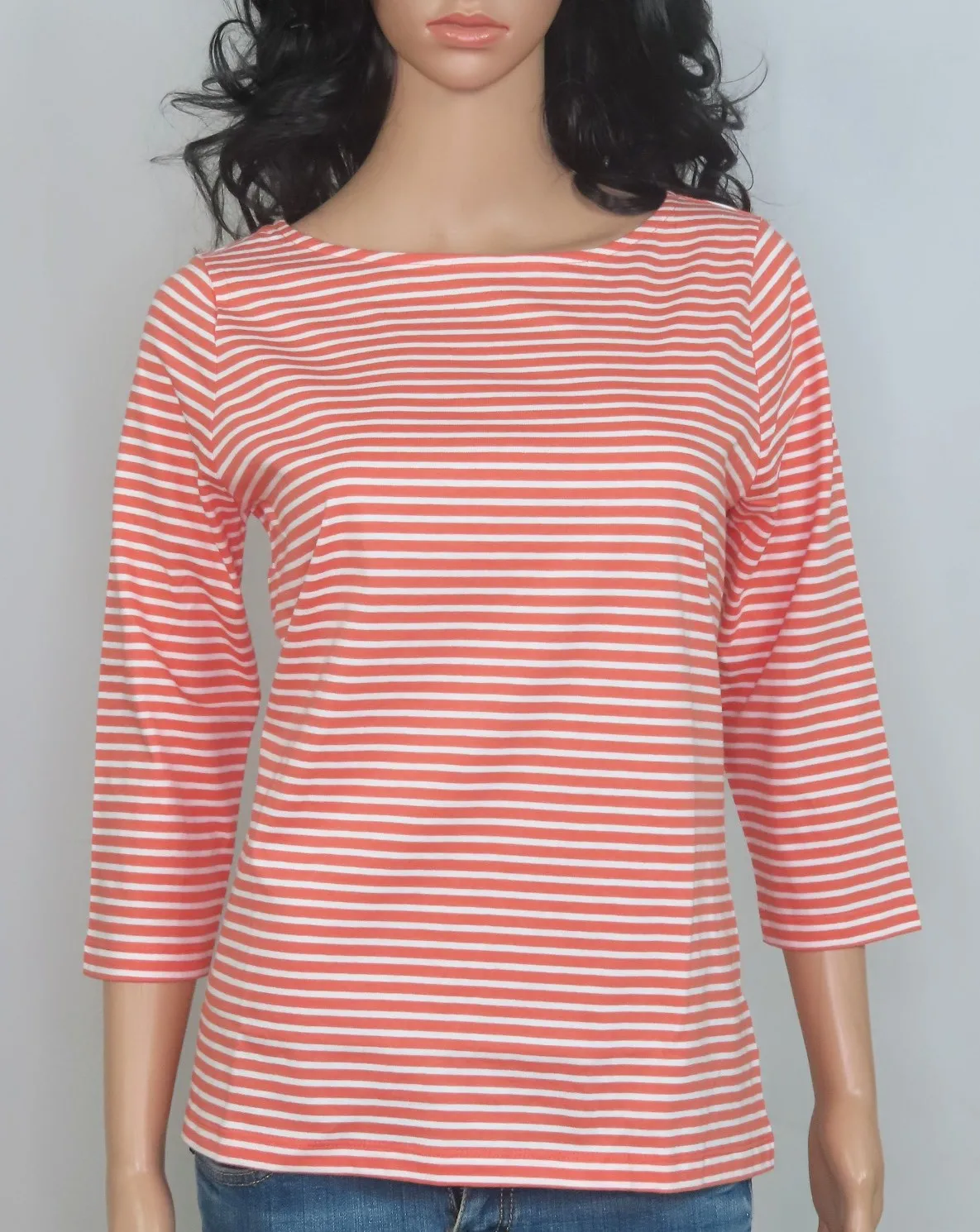 Wholesale Export Quality Womens T Shirt Cotton Orange and White Stripped Print T Shirt 3/4th Sleeve for Ladies Comfortable Tops