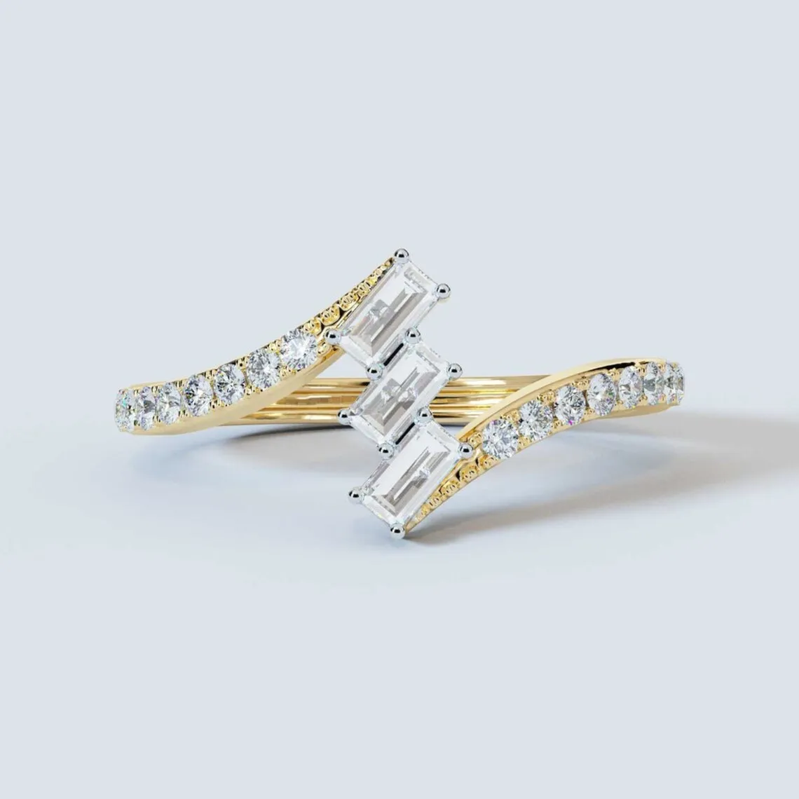 10k Solid Gold Round & Baguette Diamond Ring Lab Grown Diamond Wedding Jewelry Making Solitaire Engagement Ring
