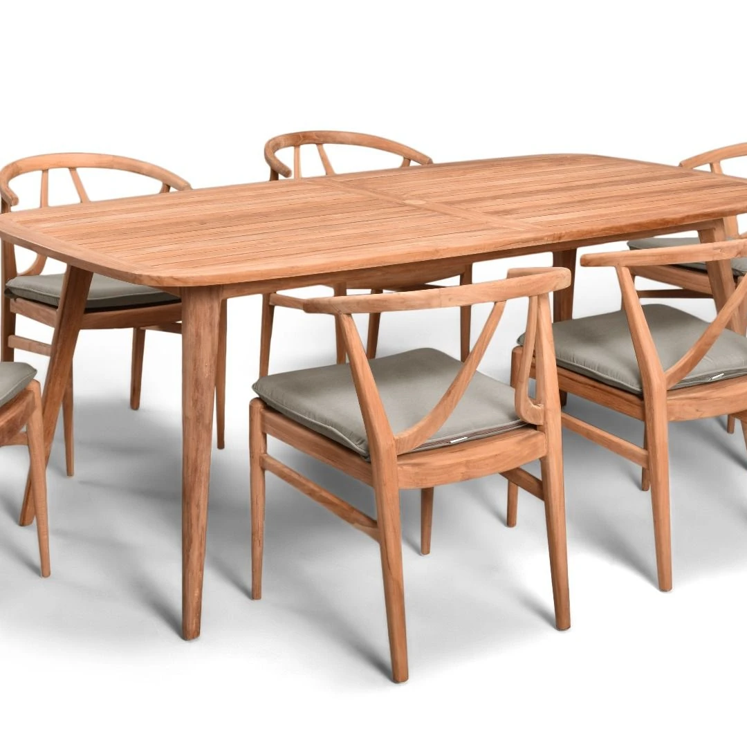 Garden Teak Wood Dining Table Set Natural Color Finish 6 Seats and Outdoor Dining Table Set Indonesian Outdoor Furniture