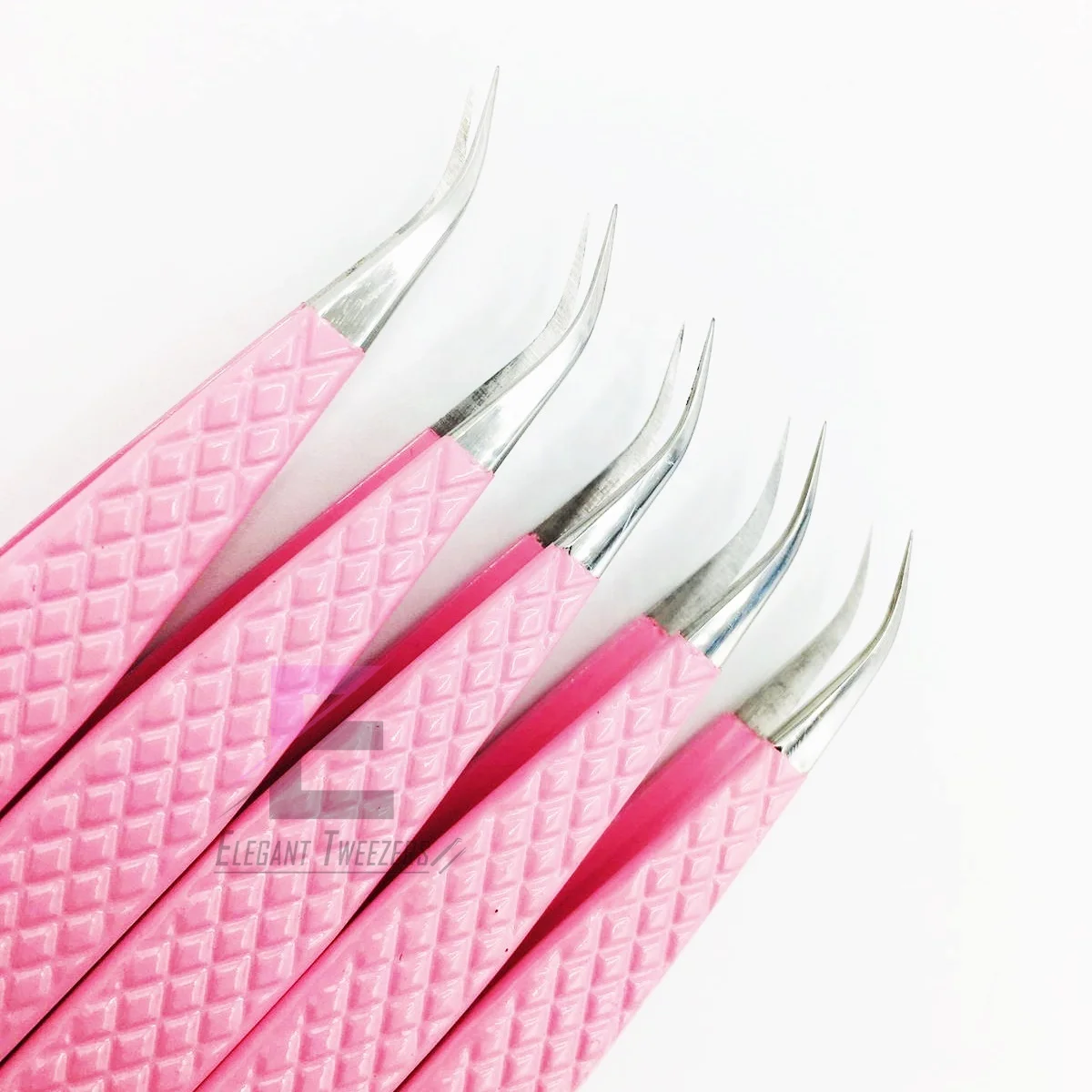 Pink Powder Coated With Sliver Tips Diamond Grip Eyelash Extension Tweezers Stainless Steel Custom Brand Name False Eyelashes