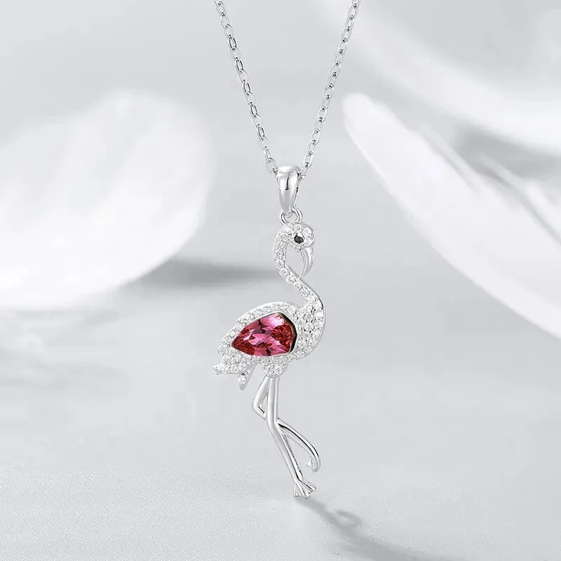 CDE YP1620 925 Sterling Silver Necklace Bird Crystal Stone Jewelry Pink Flamingo Pendant Necklace For Women
