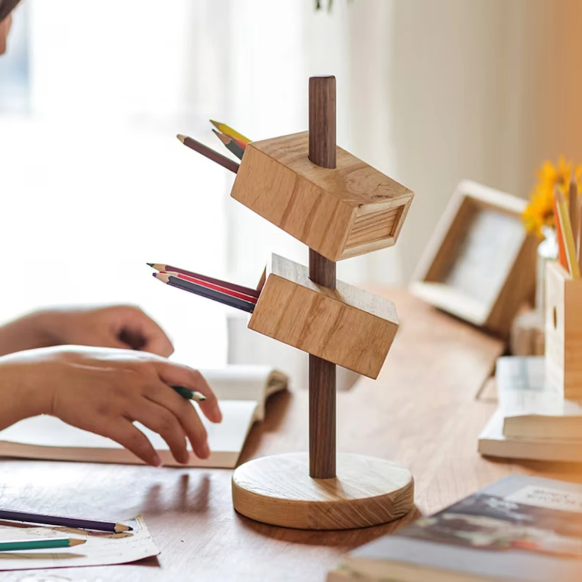 Wooden 3-Tier Pen and Pencil Holder Elegant Desk Organizer Durable Wood Tabletop Storage Ideal for Home Office Pencils
