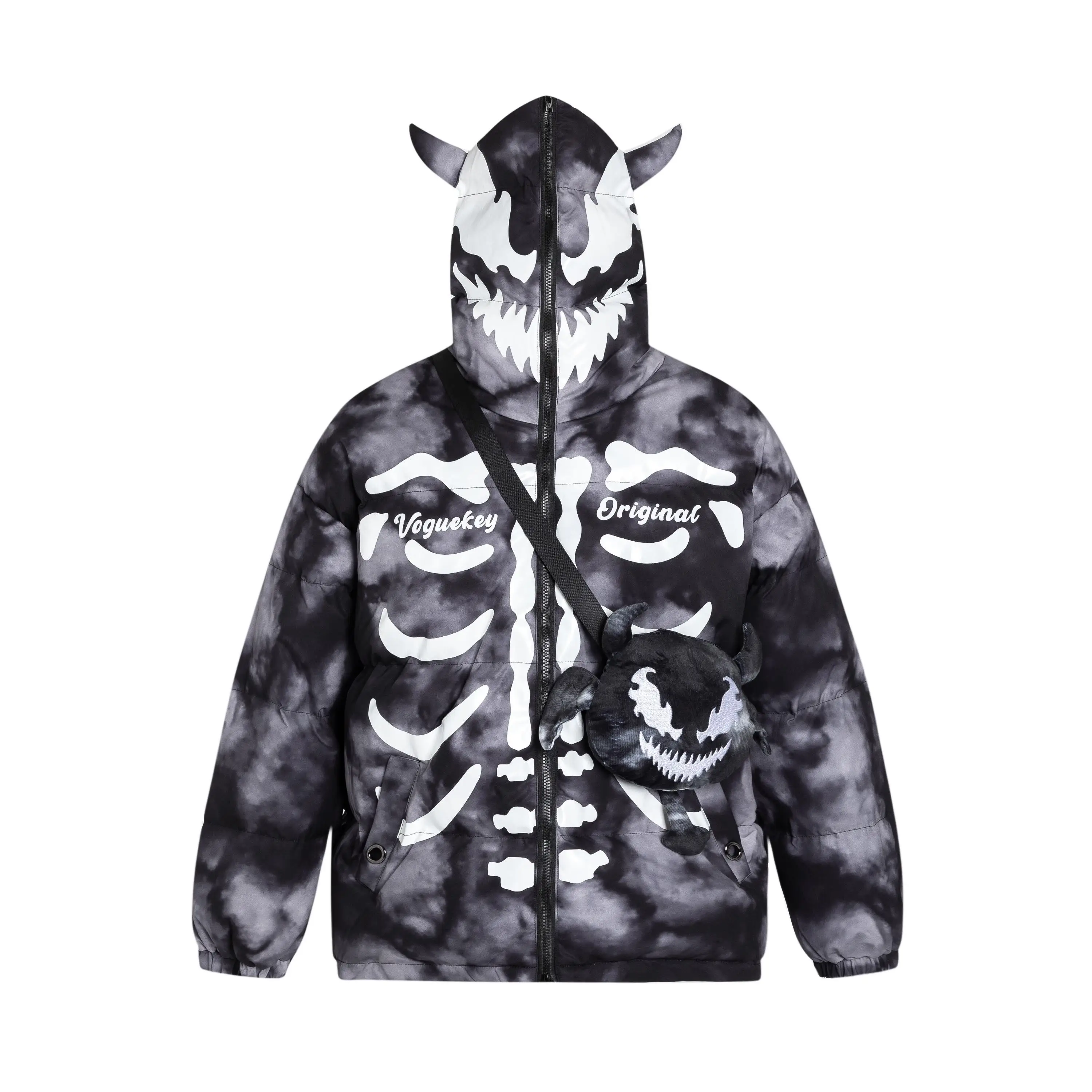 OEM/ODM Custom streetwear Warm zip up Tie Dyed Skeleton devil print Hoodie Jacket For Men Down Puffer Jacket Accessory bag USA