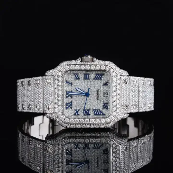 Customized Luxury High Quality Moissanite Square Roman Number Analog Dial Watch With Big Size Round Cut Moissanite Bezel For Man