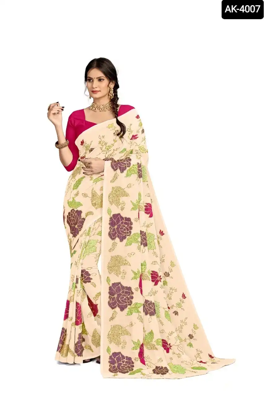 Indian Ethnic Georgette with Thread and Sequence Work Sari and Banglory Silk Plain Blouse Material for Party Wear Function Saree