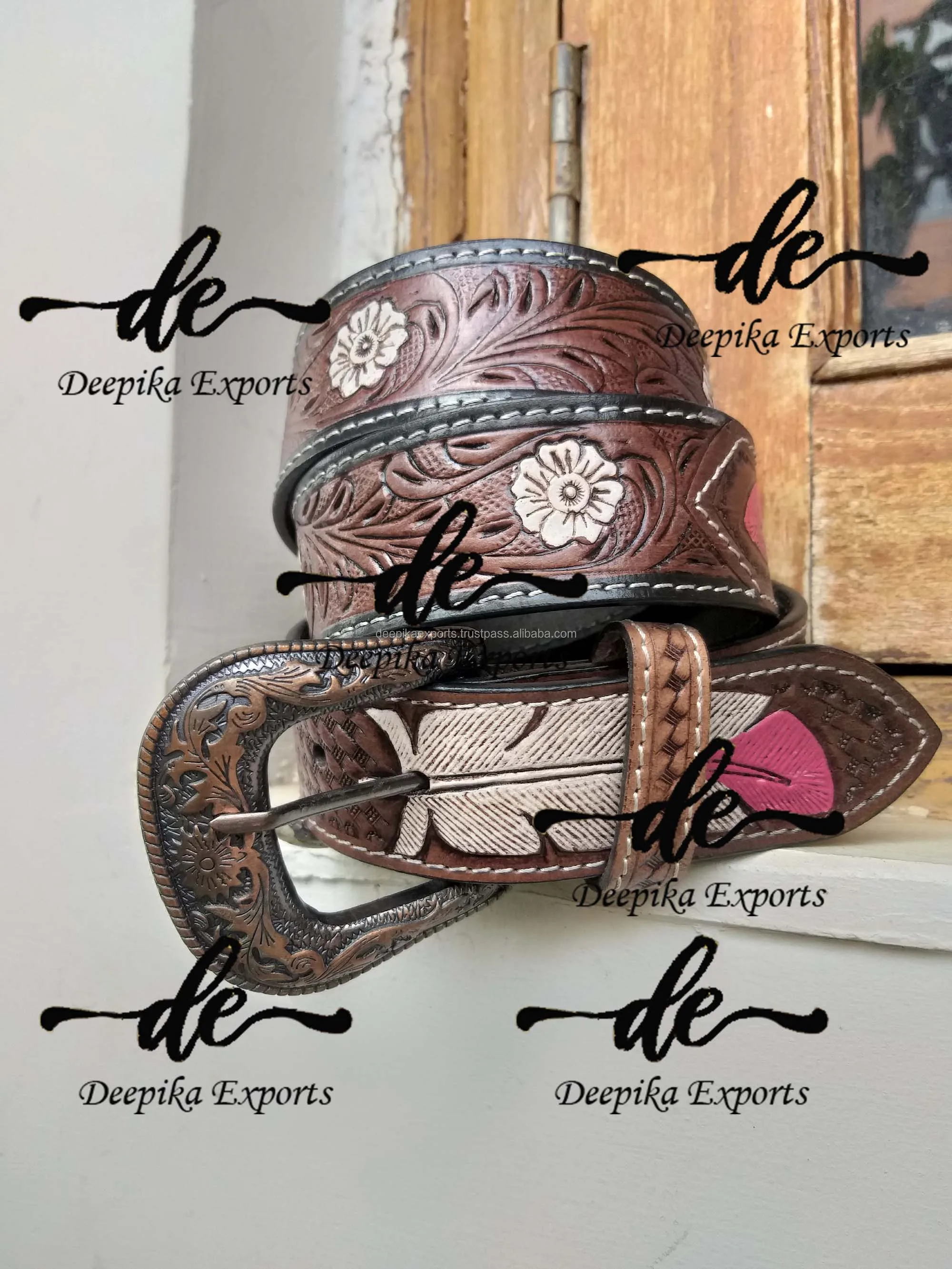 Western Style Hand Tooled Carving Belts Stylish Leather Belts For Unisex