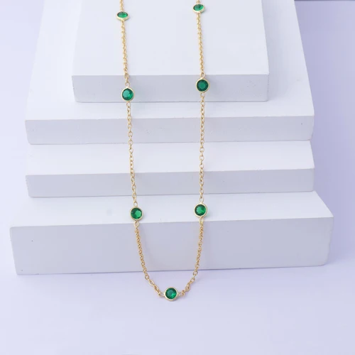 New fashion tiny green emerald quartz round stone necklace gold plated bezel set multi station double layer cable chain  jewelry