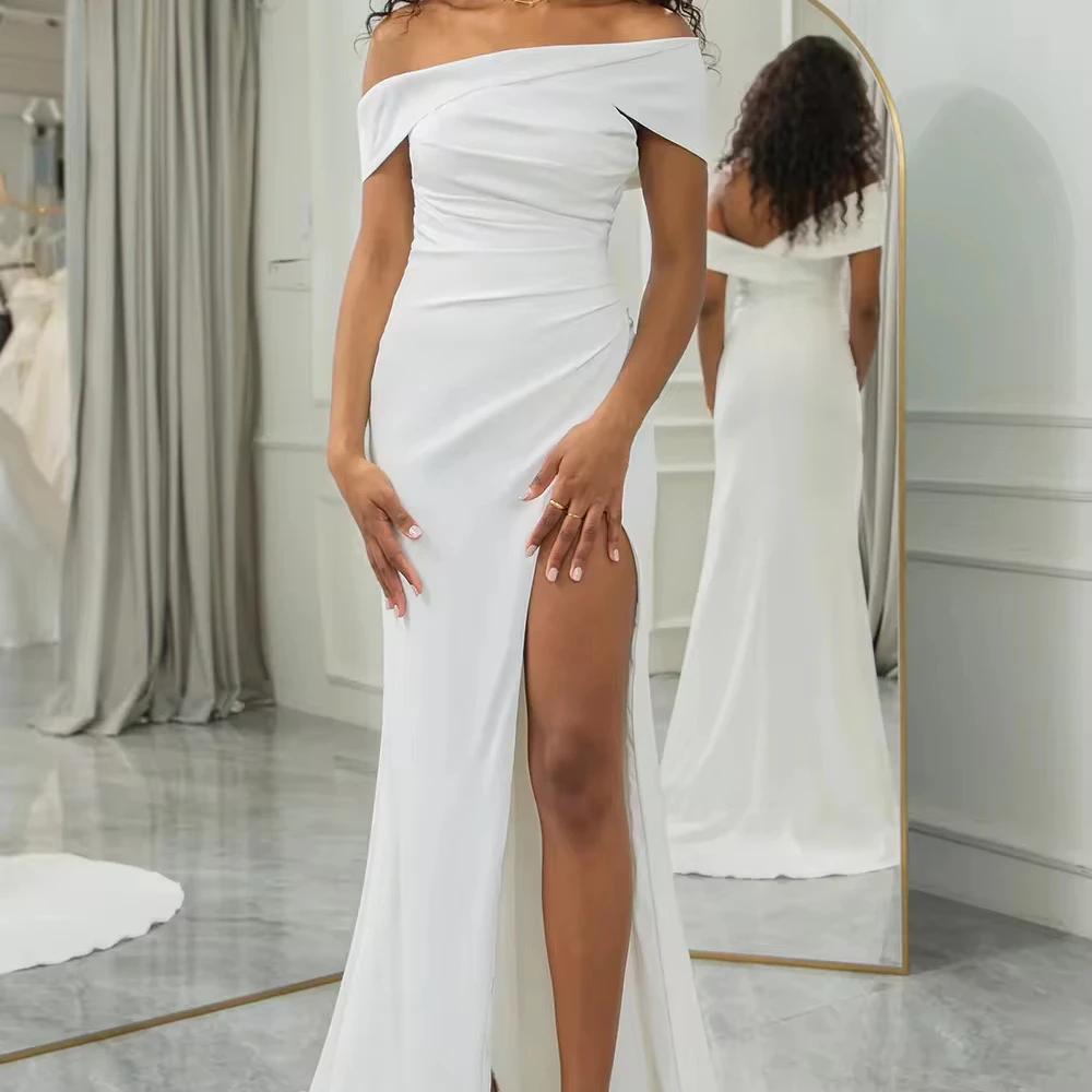 Simple Ivory One Shoulder Draped Wedding Gown Ruched Sheath Long Wedding Dress with Slit