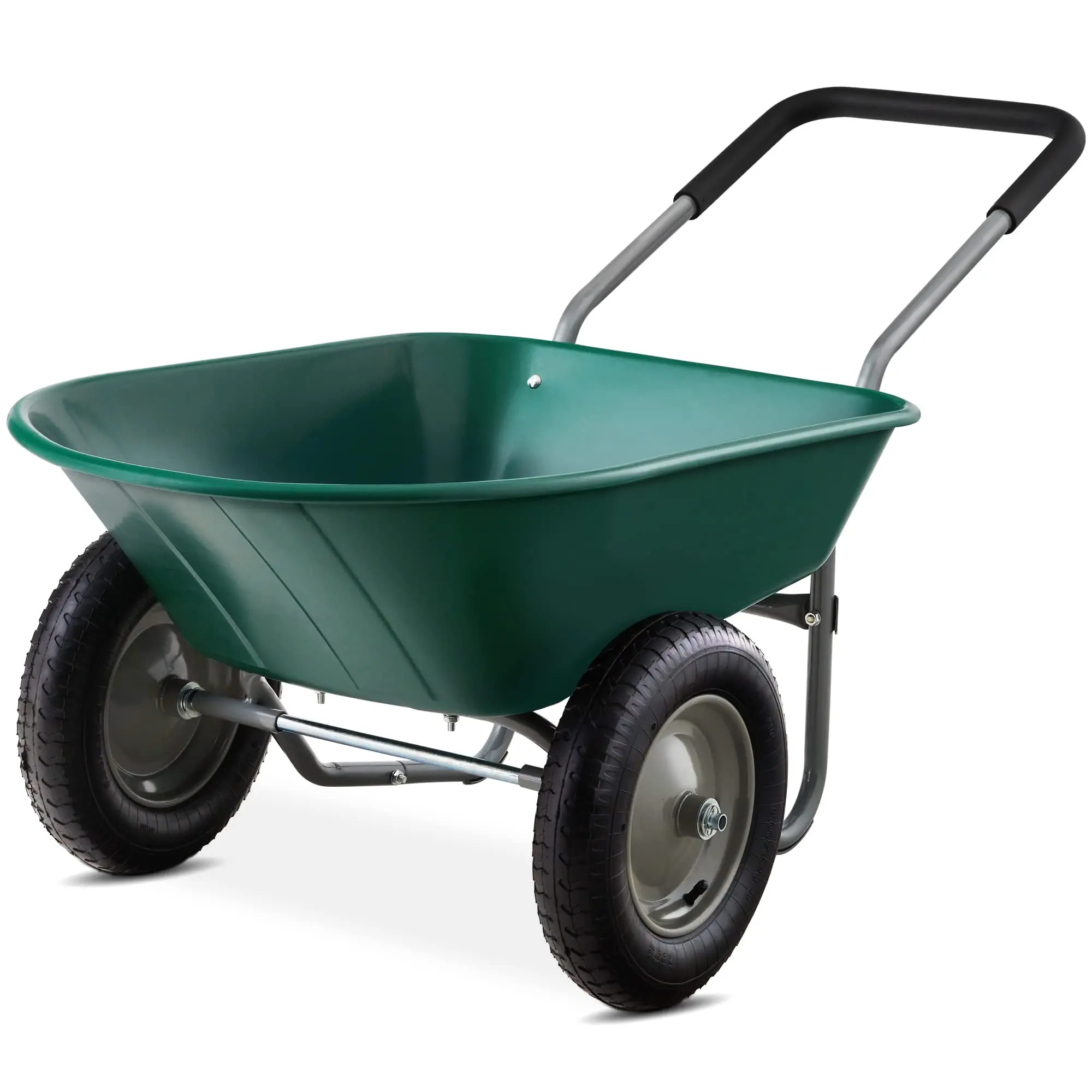 Dual-Wheel Green Home Utility Wheelbarrow Garden Cart with Built-in Stand for Lawn Gardening and Construction
