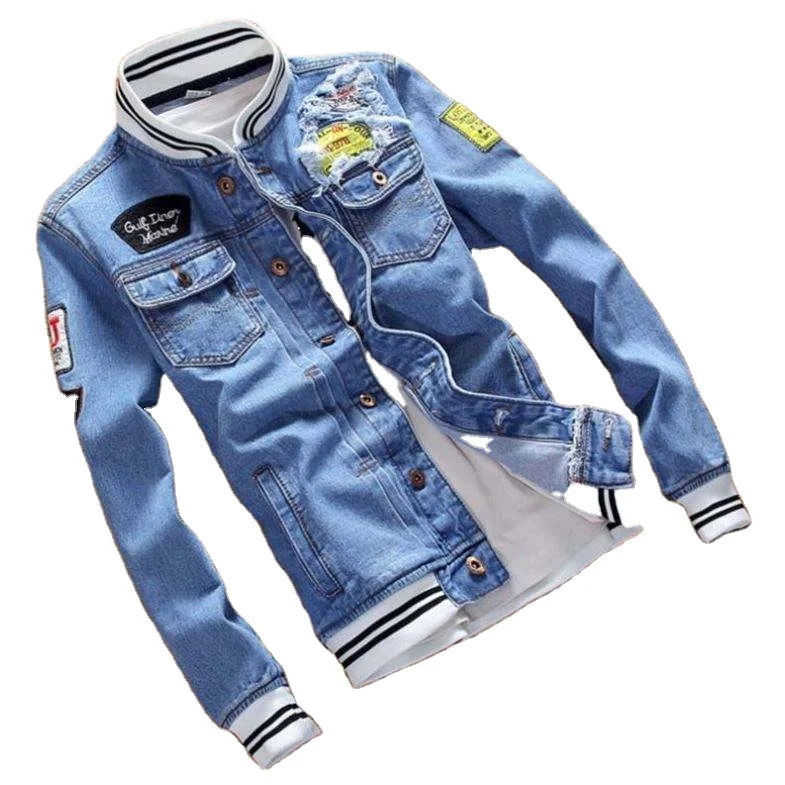 Customization Mens Slim Stand Collar Denim Washed Plus Denim Coat Outerwear Jeans Jacket Men 2022