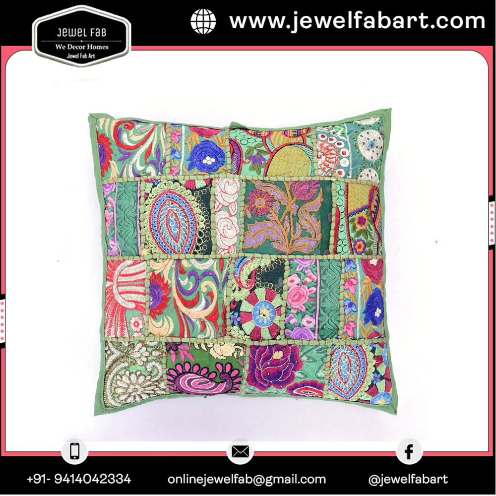 Indian Traditional Style Patch Work Cotton Cushion Cover in Square Shape Home Decorative Handcrafted Floor Pillow Cover