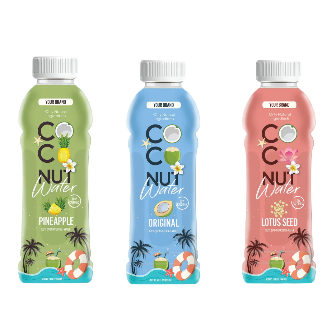 Natural Coconut Water bottled 600ml PET bottle with Fruit juice Factory in Vietnam_ Free Sample and Design Support