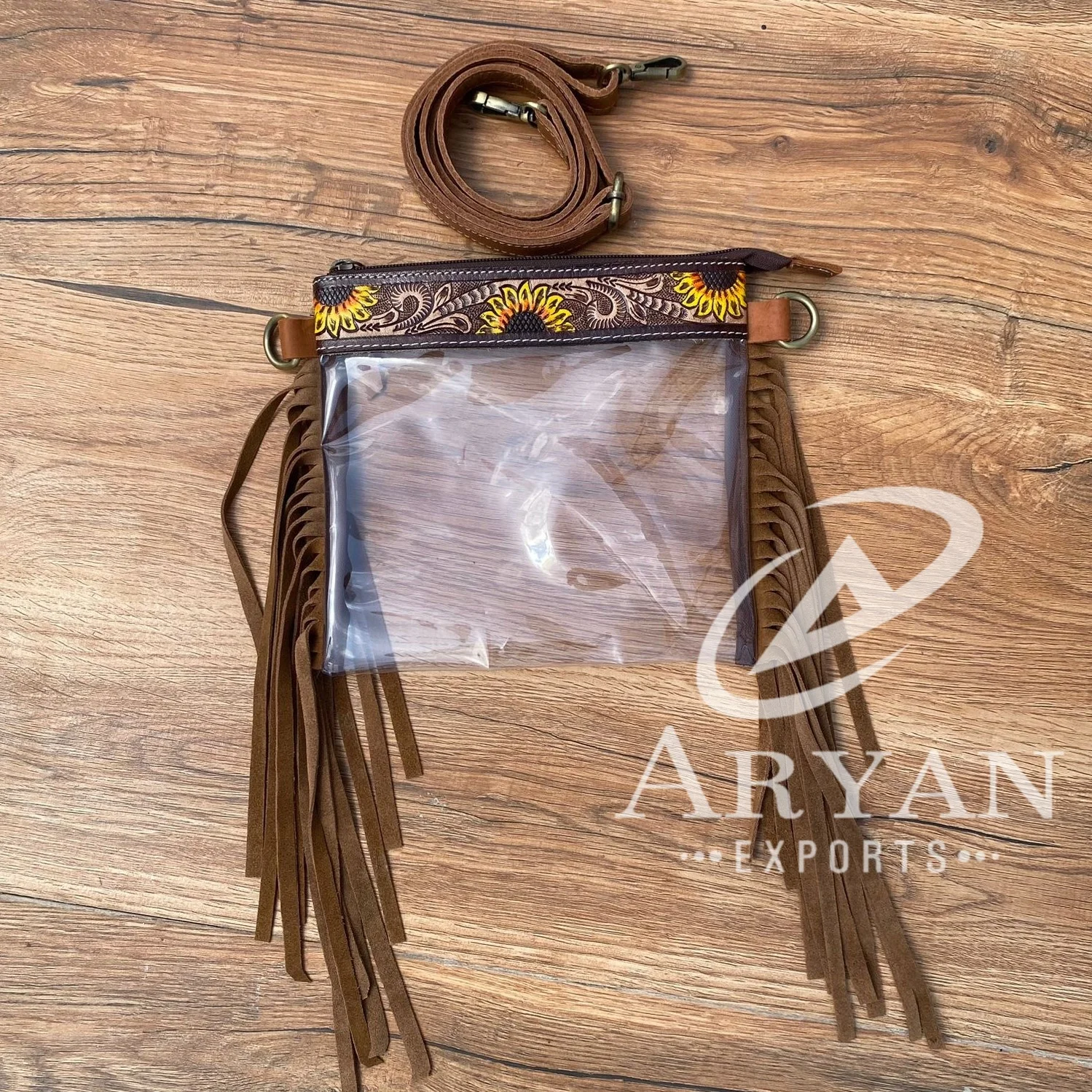 New Western Hand Tooled Leather Stadium Crossbody Bags for Women Genuine Leather Sunflower Intricate Clear Bag with Fringe Purse