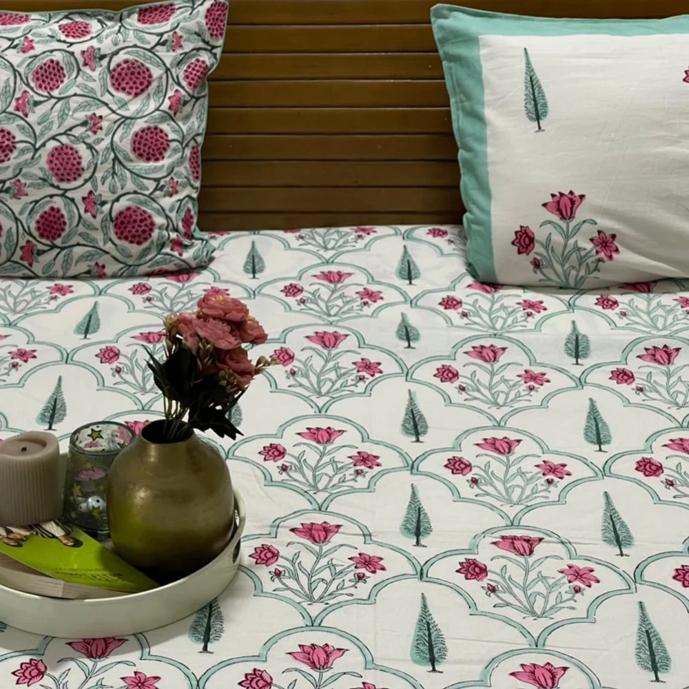 Indian Handmade 100% Cotton Rajasthani Bed Sheet Double Bed Set 1 Double Bed Sheet With 2 Pillow Cover