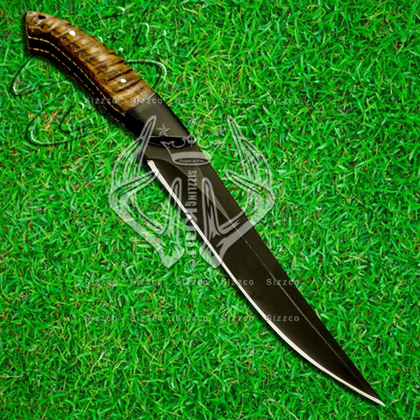 High Quality Custom Black Powder Coated D2 Steel Kitchen Fillet Knife Handle Burl Wood, Leather Sheath, Smooth Cutting