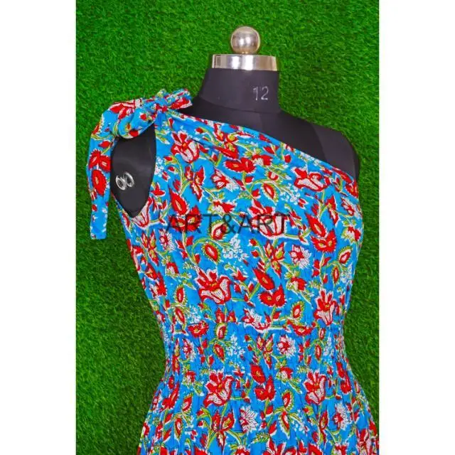 Handmade Floral Prints Cotton n dress One side Shoulder Designer cotton long dress smocking body dress for women cotton voile