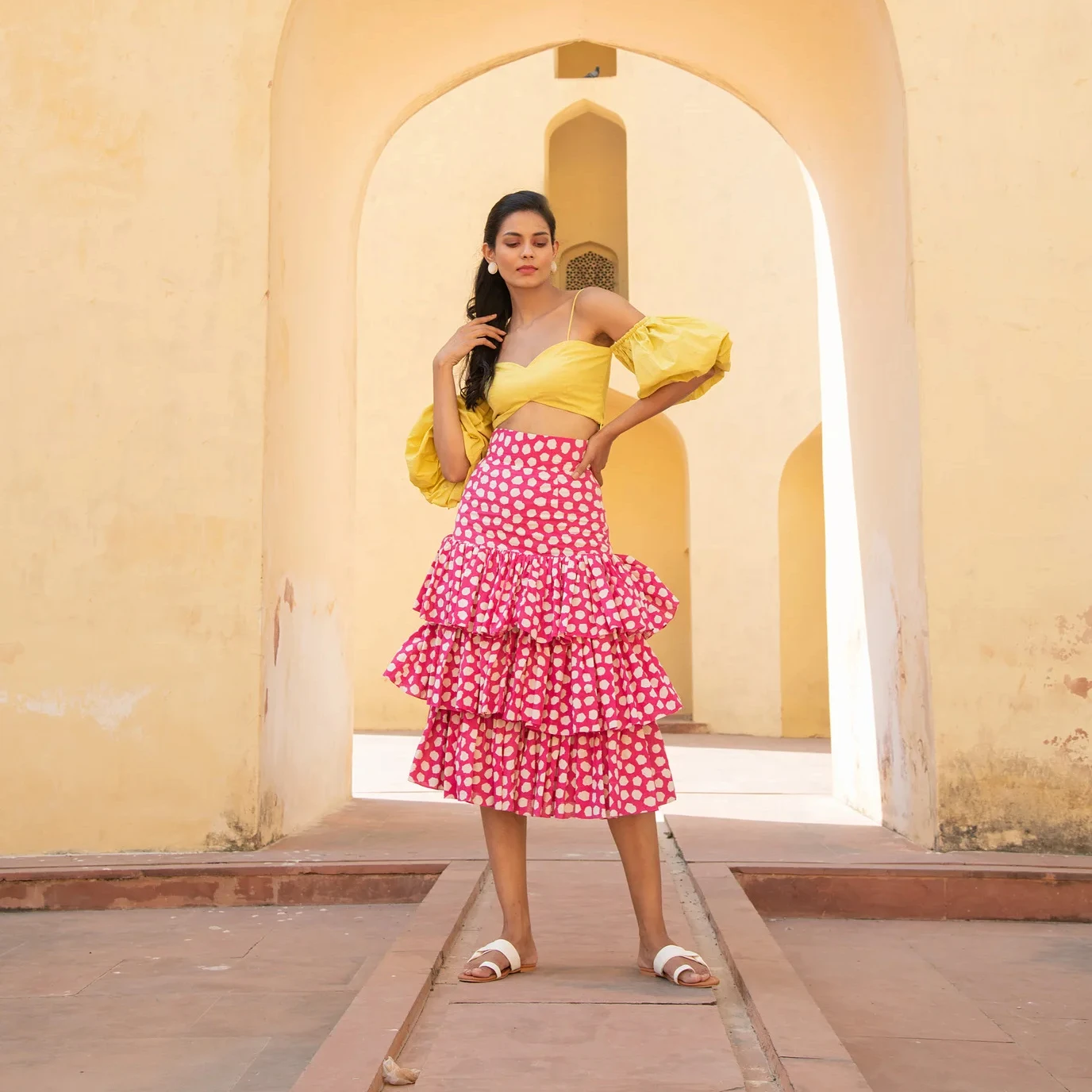 Lime Yellow Off Shoulder Top with Retro Pink Polka Dots 3 Layered Skirt Set Evening Wear Women Co ord set Dress At Low Price