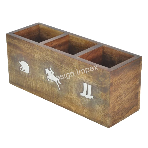 Desktop Pen Holder Large wood Box With 3 Columns Easy Portable Tabletop Pen Holder And Other Multifunctional Storage Box On Sale