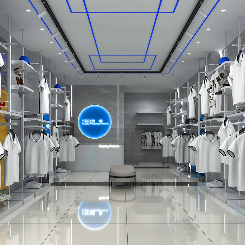 TOP Trendy Retail men Clothes Store Display Rack Custom Boutique Furniture Chic metal Clothing Shop Design for wall-mounted