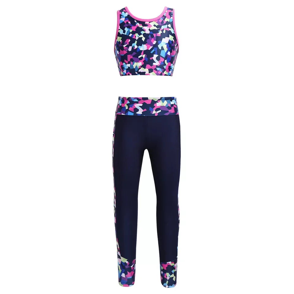 OEM with custom logo Kids Girls Tracksuits Bra Crop Tops with Print Leggings Pants Sets Gymnastics