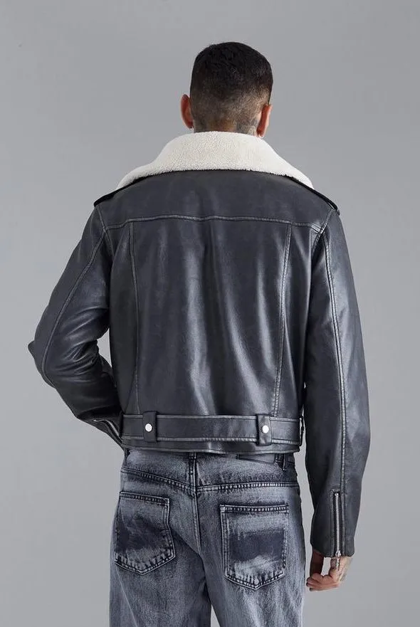 New Grey Boxy Fit Washed Original Sheepskin Leather Biker Jacket for Men with Borg Collar Made by Huzaifa Products.