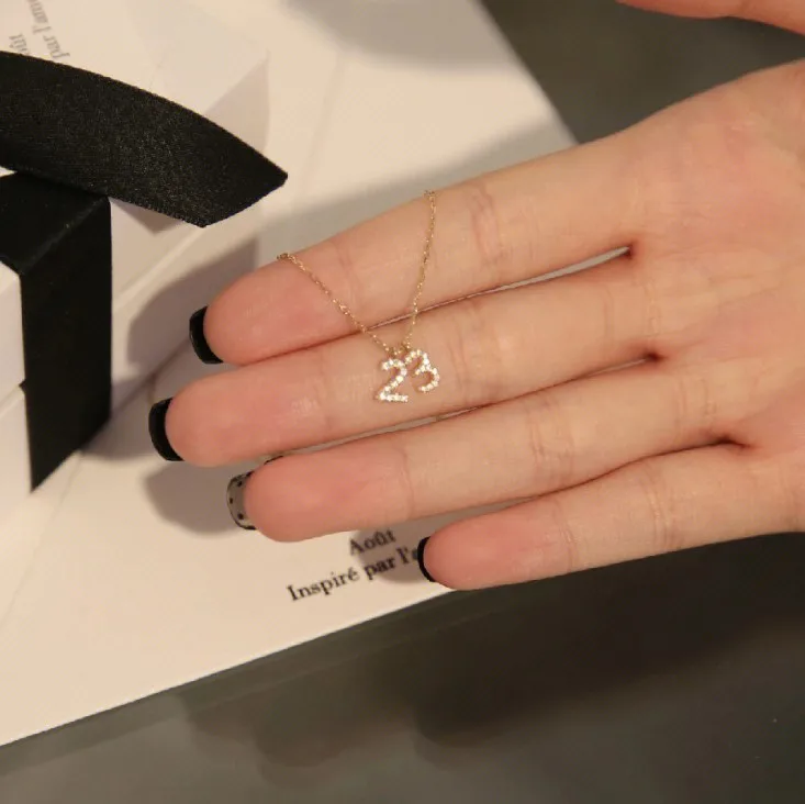 Personality simple 925 sterling silver plated 18K gold diamond number 23 pendant necklace clavicle chain