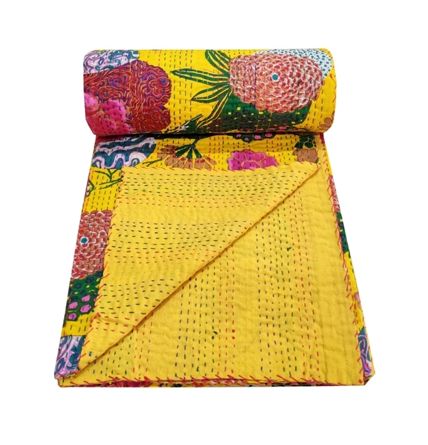Yellow Fruit Print Kantha Quilt Indian Handmade Throw Reversible Blanket Bedspread Fabric BOHEMIAN boho quilt bedding coverlets