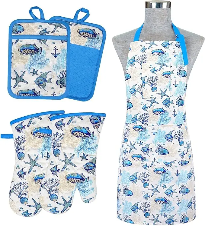 Printed Apron Gloves Set 100% Cotton Luxury High Quality Cooking Aprons for Kitchen Bar Restaurant Kitchen Wear