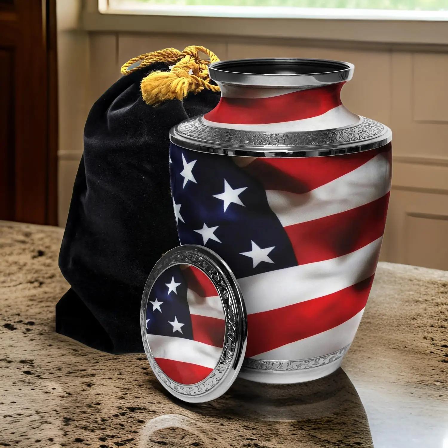 American Flag Cremation Urn Large Size Wholesale Price Solid Metal Handmade Modern Style Funeral Burial Military Urns & Keepsake