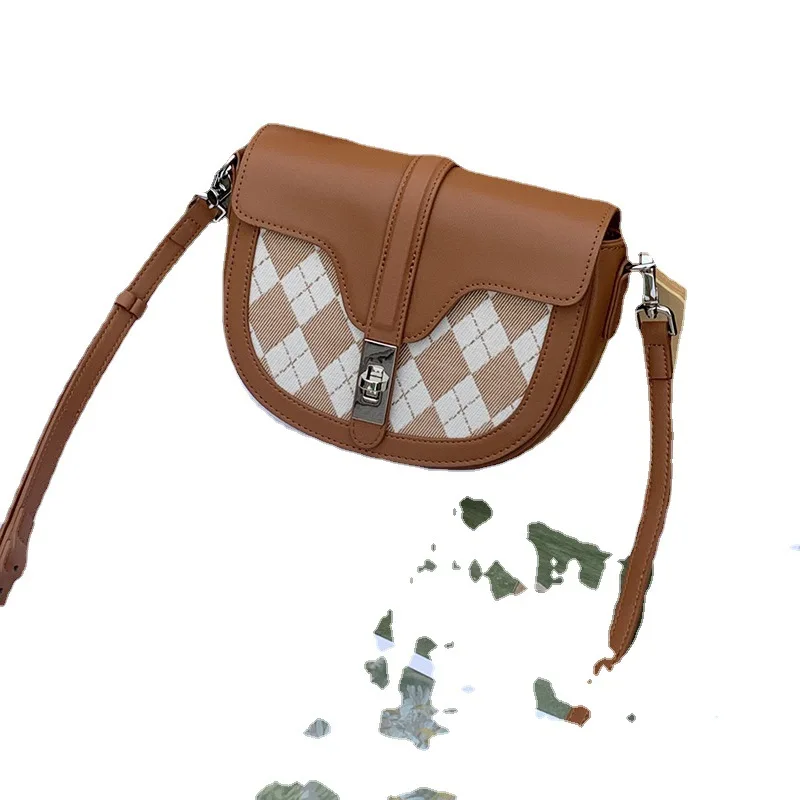 Leather Black Fashion Contrast Color Plaid Saddle Messenger Bag Ladies Shoulder Bag