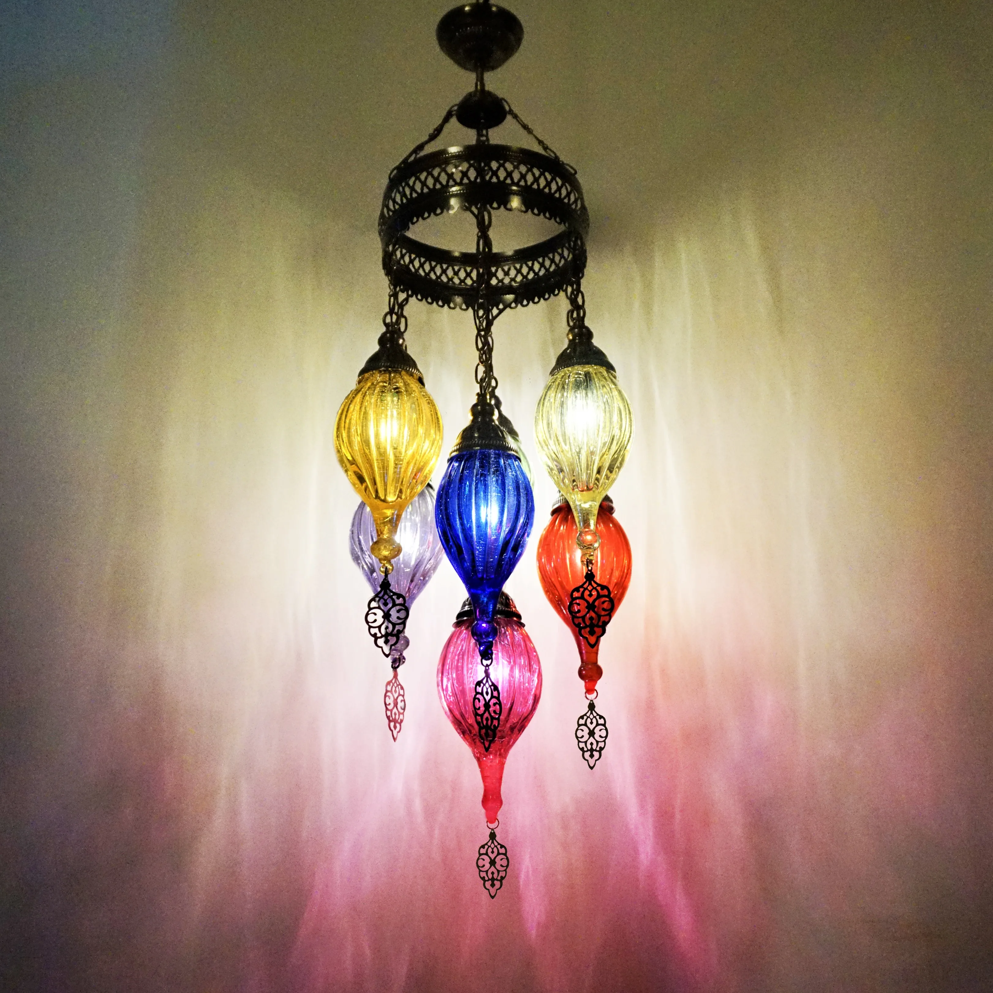 Handmade 7-Branch Chandelier From Turkey Colorful Blown Glass Brass Hanging Lamp for Home Worldwide Shipping Middle Lighting