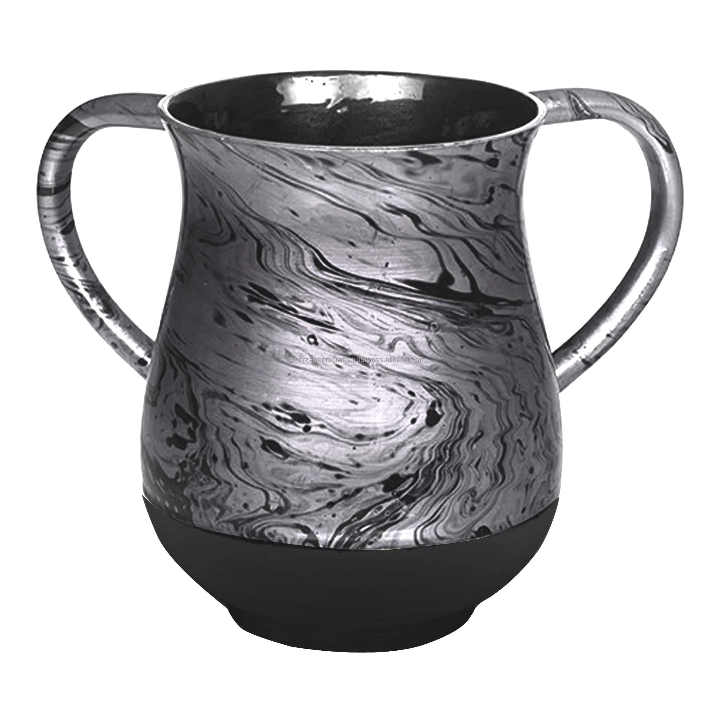 Stainless Steel Judaica gift Wash Hand Ceremony with broad black band with a textured and two silver handles