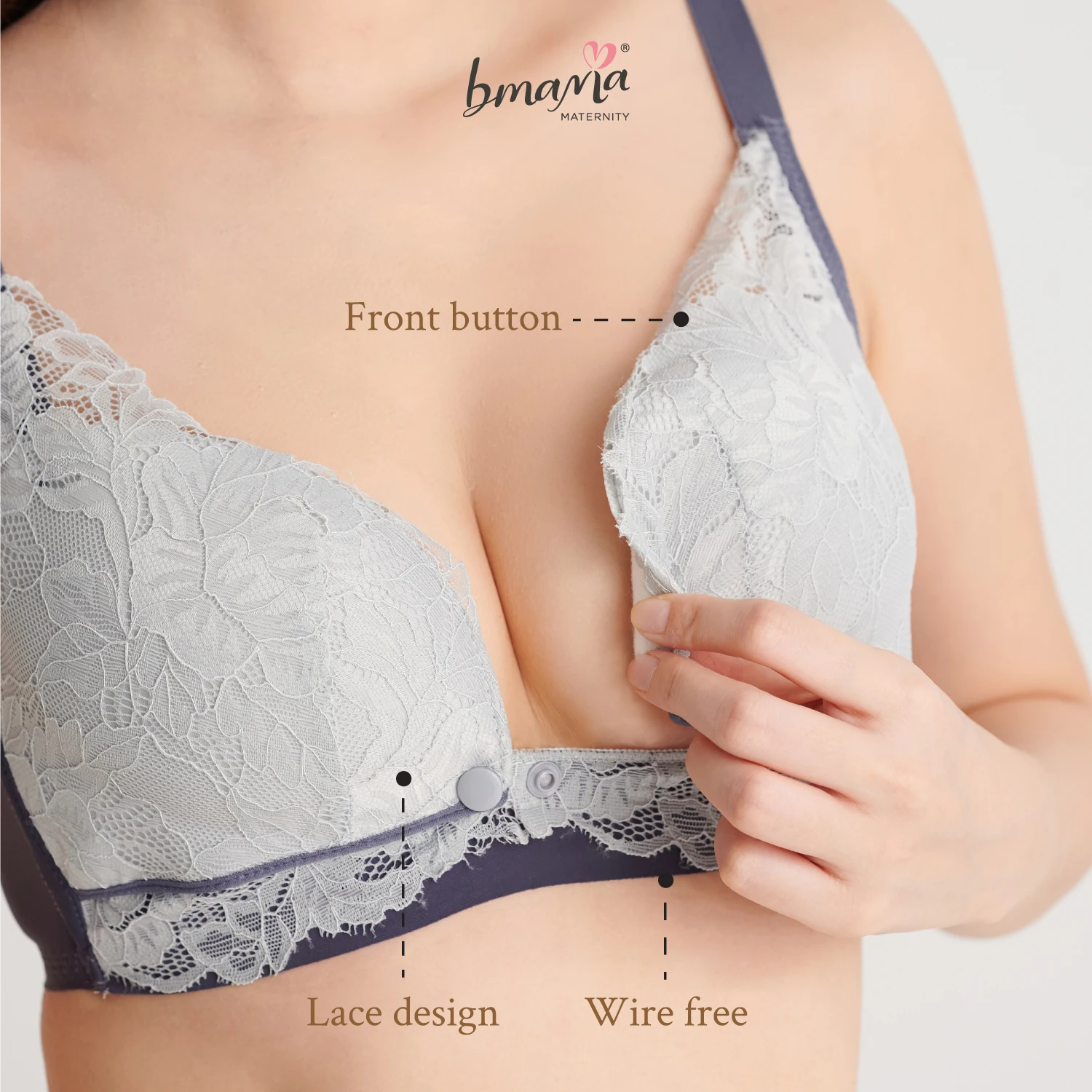 Breathable feature adjusted-straps type feeding bra Bmama Lupin Lace Nursing Bra with four hook-and-eye closure