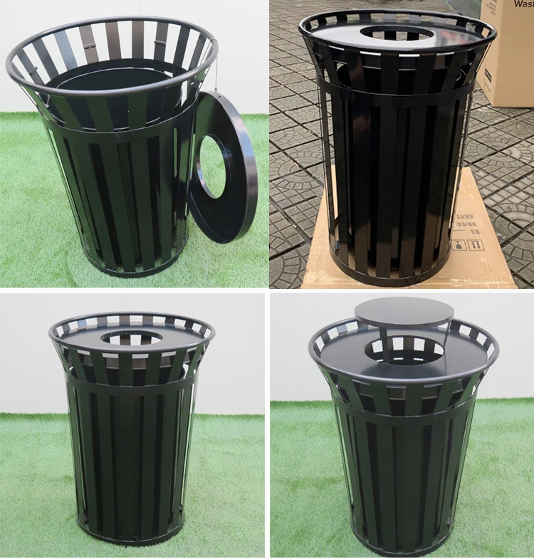 Factory Direct Sales Slatted Metal Dustbin Trash Can Outside Steel Outdoor Trash Bins Stainless Steel