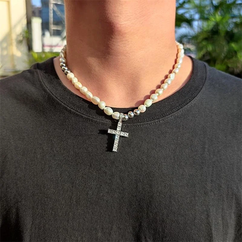 Hip hop brass and zircon cross pendant with natural pearl chain necklace for women men