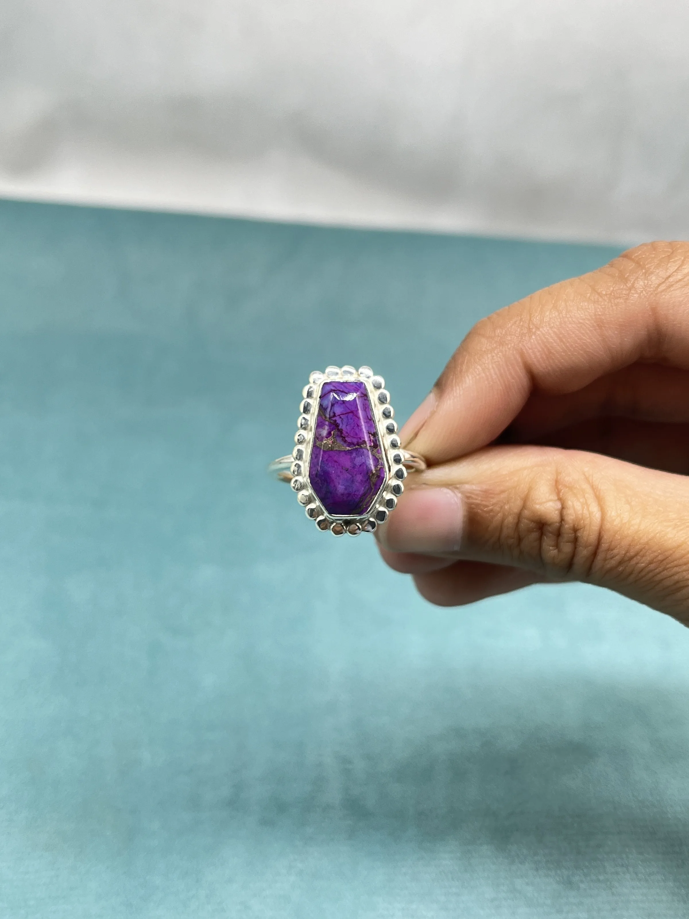 Natural Purple Copper Turquoise Rings coffin shape rings  Handmade rings Silver jewellery manufacture Gemstone manufacture