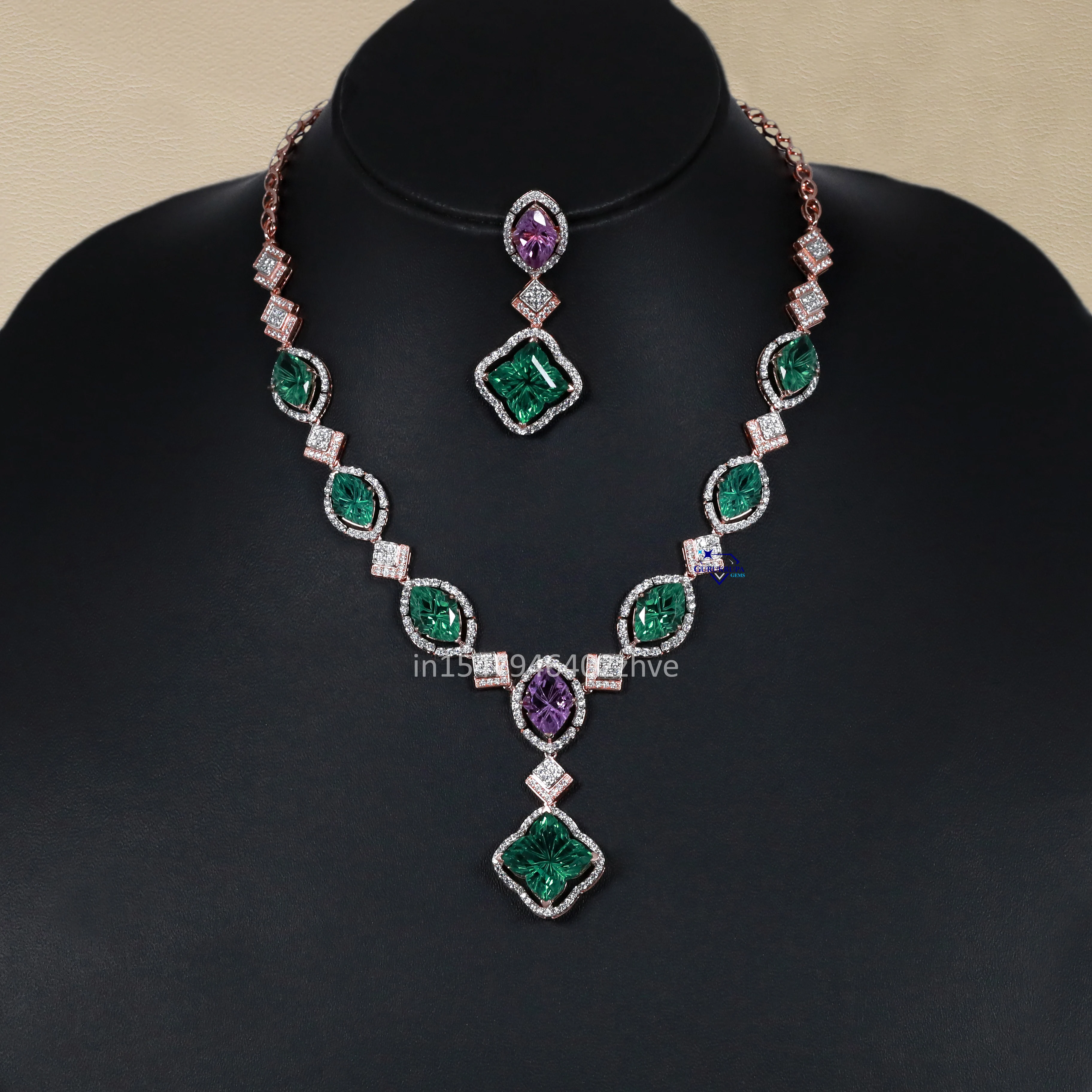 Radiate your elegance with stunning 925 sterling silver lab grown diamond with green and purple gemstone necklace set for women