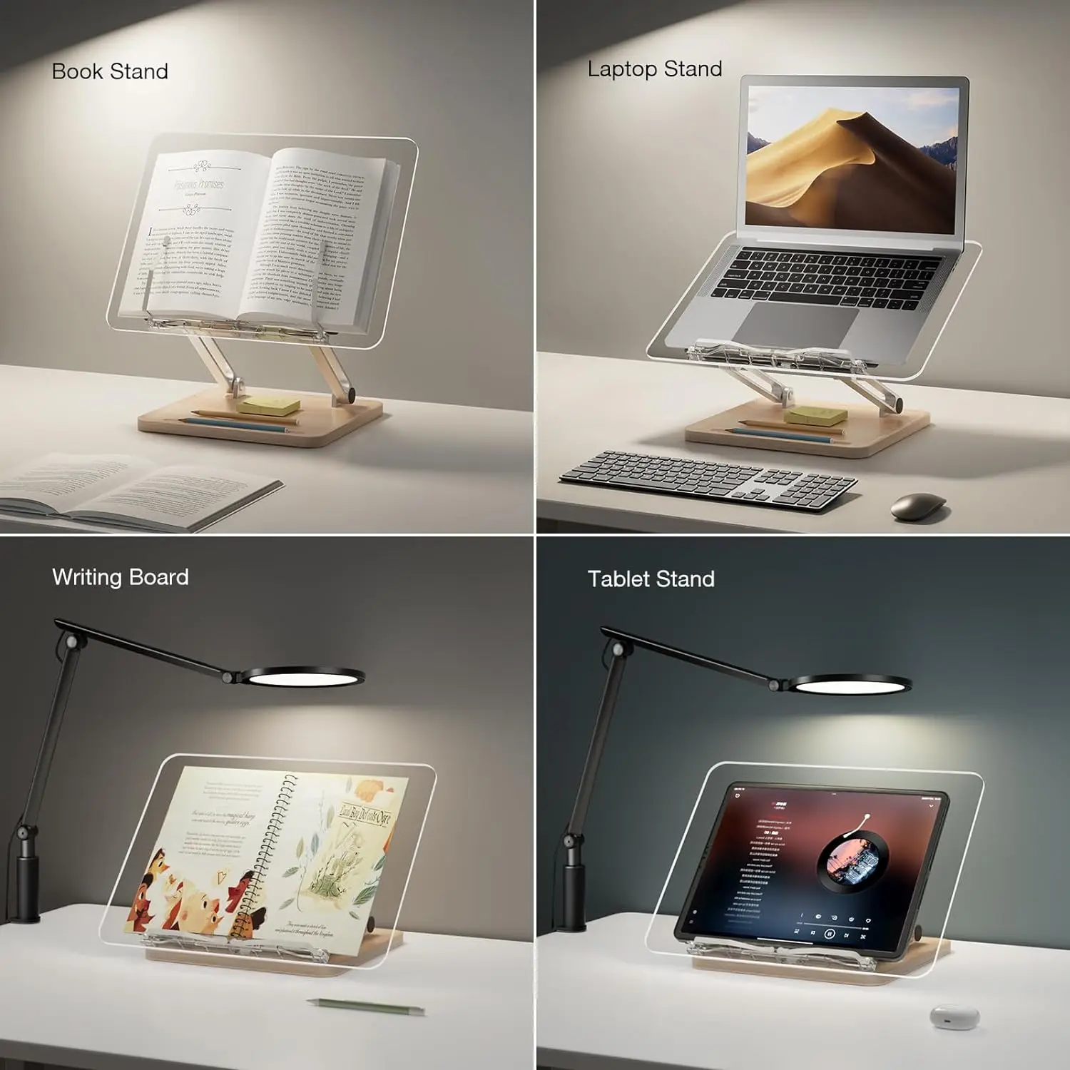 Adjustable Foldable Desktop Riser for Laptop Acrylic Book Stand Holder for Reading with Pen Slot with Page Clips